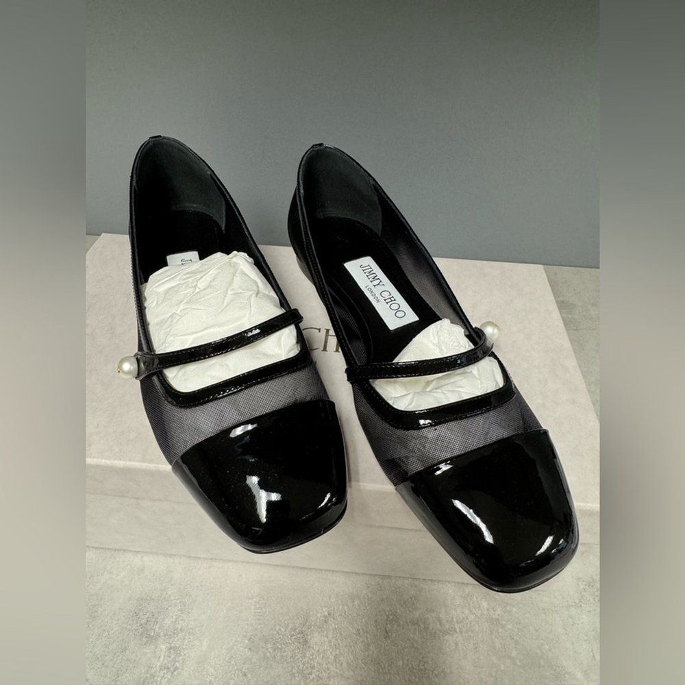 NIB- Jimmy Choo Black Patent Leather Elisa Flats with Pearl Accent